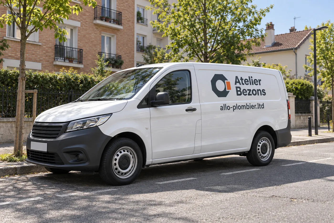 Camionnette blanche Atelier Bezons (allo-plombier.ltd) garée dans une rue résidentielle de Bezons