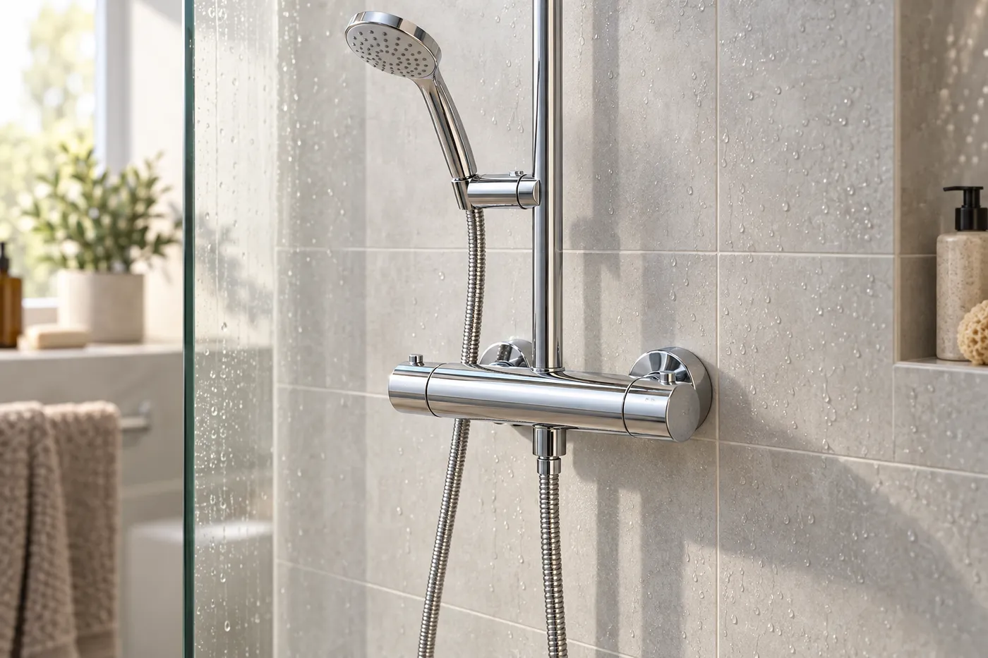 Mitigeur thermostatique de douche et colonne chromée remis en service sur un mur carrelé