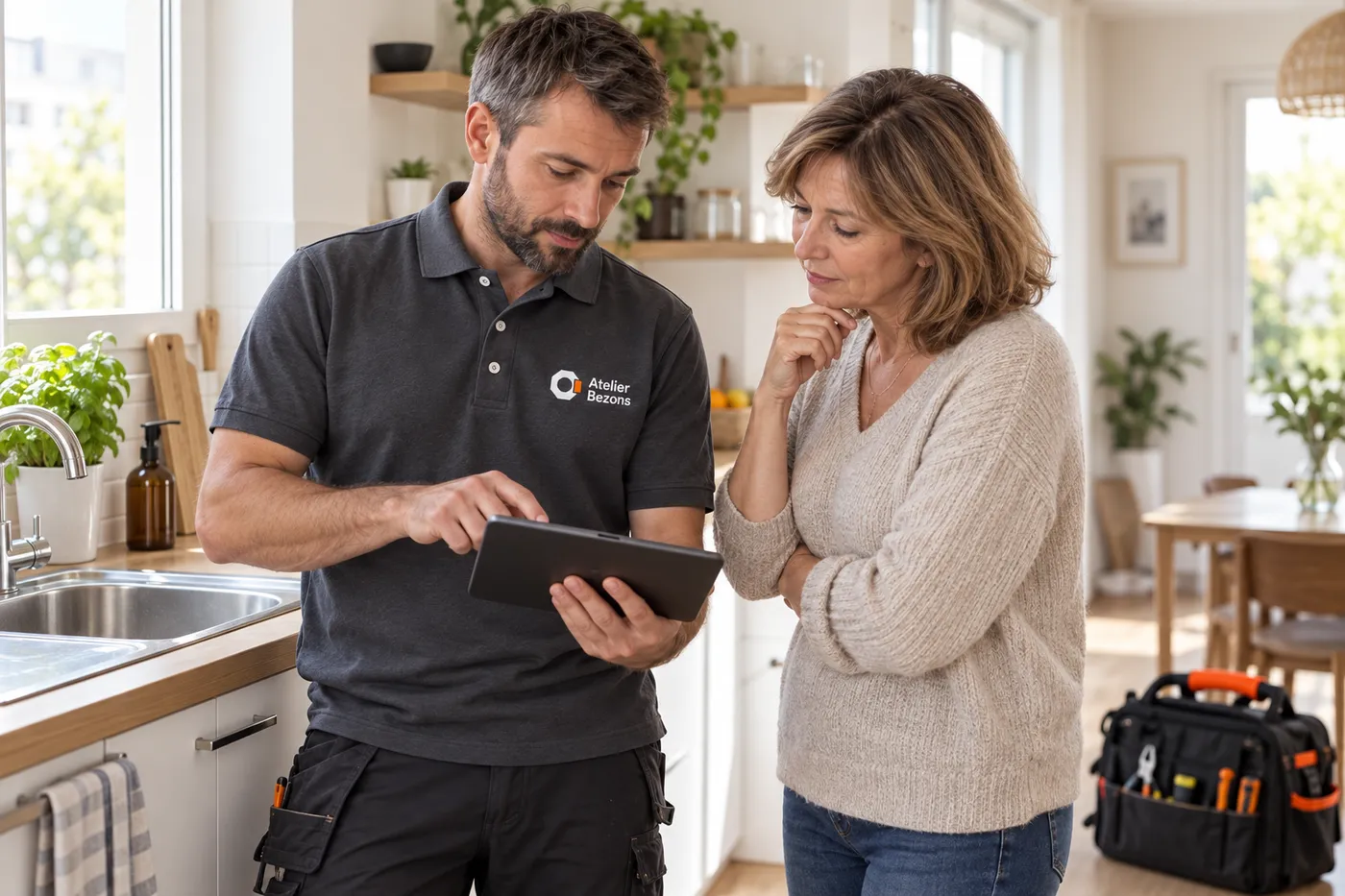 Plombier d'Atelier Bezons expliquant un devis sur tablette à une habitante, dans sa cuisine à Bezons