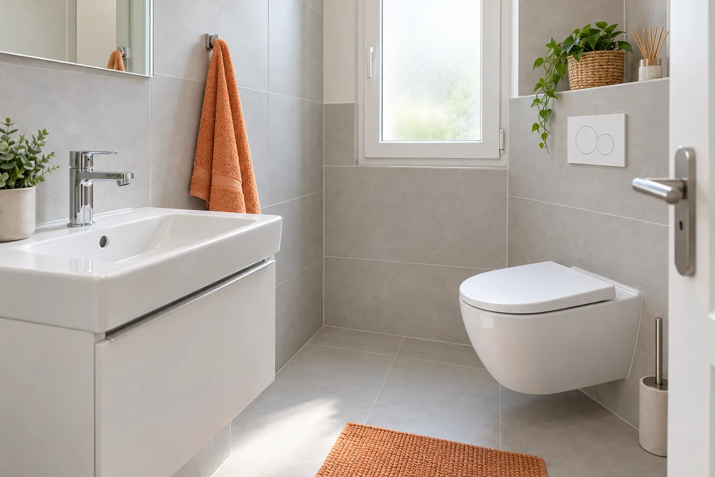 WC suspendu et lavabo posés dans une salle de bains du Val-d'Oise